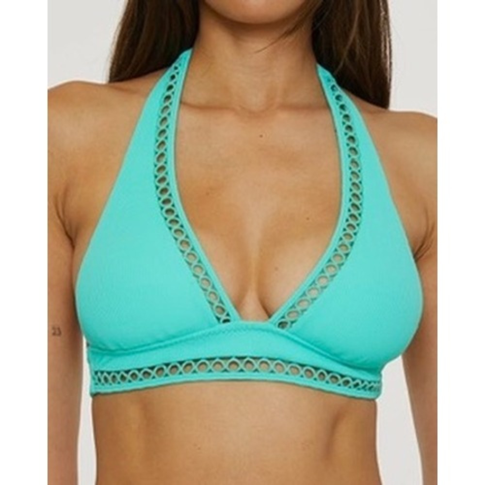 NWT Becca Bikini Top Womens Aqua Ribbed Crochet Detail Triangle Medium $88